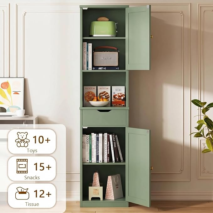 Walsunny Tall Bathroom Storage Cabinet with Freestanding Adjustable Shelves, Narrow Storage Linen Cabinet with 2 Doors and 1 Drawer for Bathroom, Living Room, Kitchen, Green