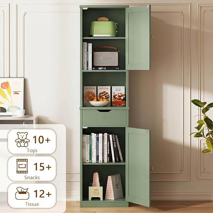 Walsunny Tall Bathroom Storage Cabinet with Freestanding Adjustable Shelves, Narrow Storage Linen Cabinet with 2 Doors and 1 Drawer for Bathroom, Living Room, Kitchen, Green
