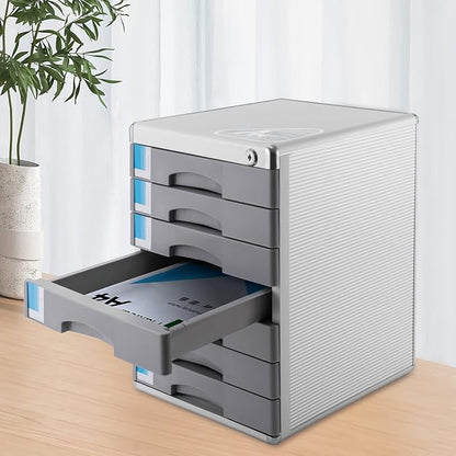 Desk Organizer with 7 Drawers, Metal Desktop Storage Cabinet File Holder with Locks and Keys, Filing Case Literature Organizer for Office Home, L11.8*D14*H16in, Silver & Grey