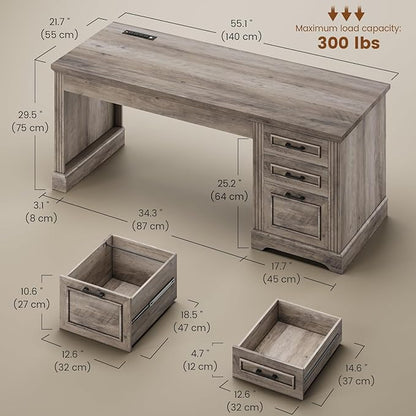 Itaar Farmhouse 55" Executive Desk, Computer Desk with Storage Drawers and Power Outlet, Home Office Desk, Workstation for Office Home, Grey