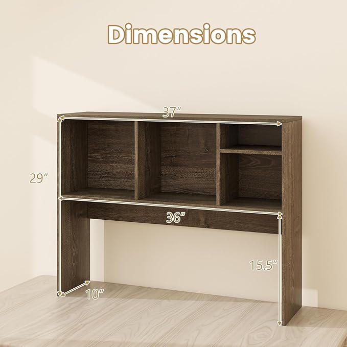 LDAILY Desktop Bookshelf, 2-Tier Office Desk Shelf Organizer with 4 Shelves, 37’’L Wood Storage Rack Display Shelf for Computer Desk, Office, Dorm, Bedroom (Grey)