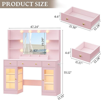 Vanity Desk With Mirror and Lights, Makeup Vanity Set with 3 Storage Drawers & Adjustable Shelves, Dressing Table with RGB Cabinets & Charging Station, 3 Lighting Modes for Women Kids Bedroom, Pink