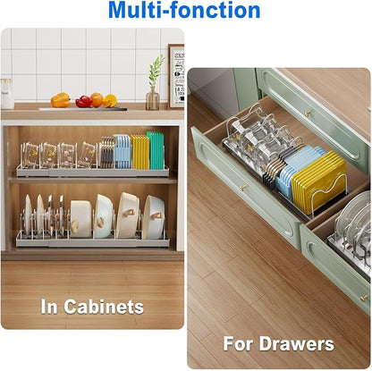 Mustorn Pots and Pans Organizer Under Cabinet, 22" Expandable Food Storage Container Lid Organizers with 9 Adjustable Dividers Pot and Pan Lid Holders Rack Inside Cabinet/Countertop(1 Pack, Gray)