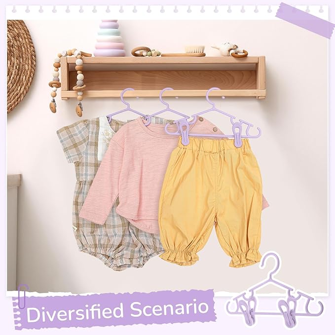 Hsei 5/10/40 Pack Baby Hangers with 10/20/80 Clips, Plastic Kids Pants Hangers for Nursery Closet Top and Bottom Clothes Hanger Set for Newborn Infant Toddler(120 Packs Total,Purple,10.6 Inch)