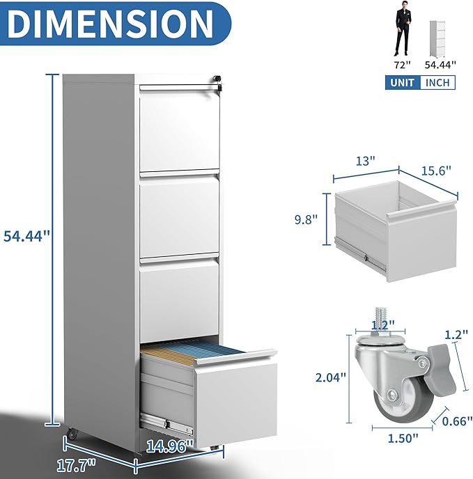 4 Drawer Mobile File Cabinet, Metal Filing Cabinet with Lock and Wheels, Home Office Rolling File Cabinets for Legal/Letter Hanging File Folders, Un-Assembled (White)