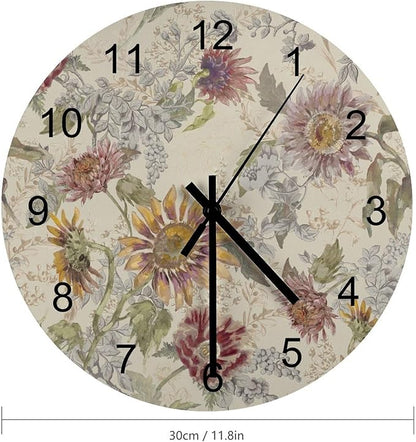 Retro Floral Wall Clock, William Morris Style Vintage Sunflower Garden Plants Herbs Flowers Round Clocks Wall Decor Silent No Ticking 12 Inch Wooden Clock for Bedroom Living Room Home Office