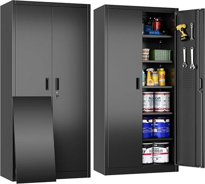 Aobabo 71" H×32" W×16" D Metal Storage Cabinet with 5 Adjustable Shelves, Locking Garage Storage Cabinet with Pegboards and 4 Hooks for Garage, Office, Black, Assembly Required