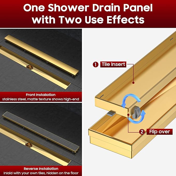 DLONE Linear Shower Drain | 36" AISI 304 Stainless Steel Linear Drain, Brushed Gold Shower Drain with Tile Insert Panel & Adjustable Feet, Long Rectangle Shower Floor Drain in Bathroom, Balcony, etc