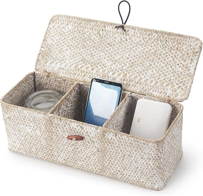 3 Section Seagrass Storage Basket, Handmade Shelf Baskets with Lid for Bathroom/Closet/Livingroom