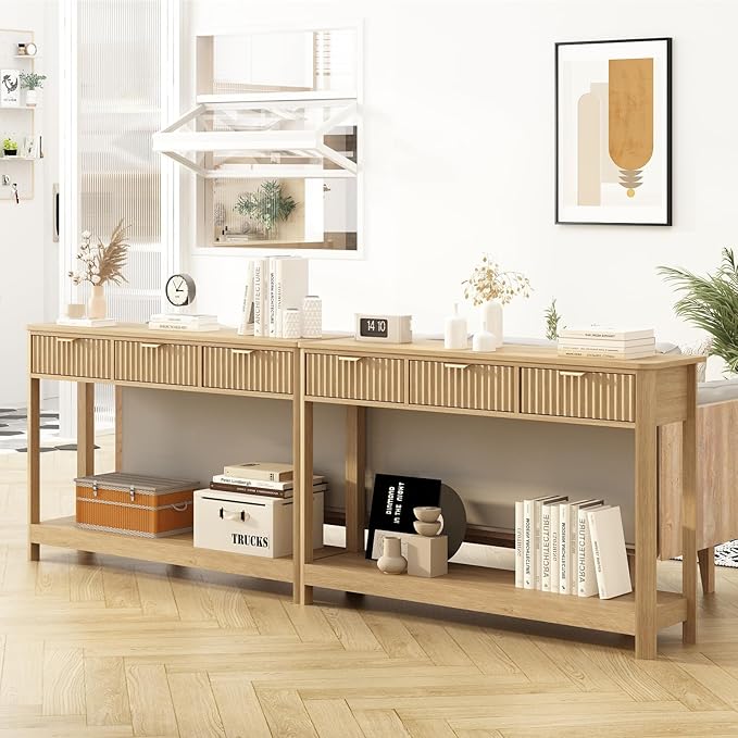 Set of 2 Console Table with Drawers, Modern 47.1" Entryway Table with Storage Shelf, Boho Narrow Skinny Behind Couch Wood Sofa Table for Living Room Hallway Entrance Foyer,Natural