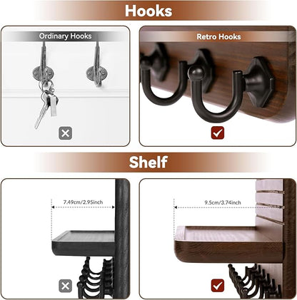 Key Holder for Wall, Mail Organizer Wall Mount with 6 Hooks Wooden Hanging Key Rack for Home Decor, Hallway, Entryway (Brown)