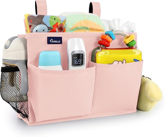 Surblue Bedside Caddy Hanging Bed Organizer Storage Bag Pocket for Bunk and Hospital Beds, College Dorm Rooms Baby Bed Rails, Camp 4 Pockets and 2 Hooks (Small,Light Pink)