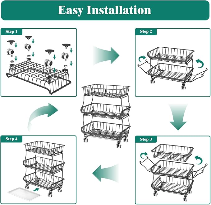 Giwil 3-Tier Rolling Pantry Organizers with Wheels, Stackable Wire Basket for Kitchen Pantry Shelves, Vegetable Storage Rack Pantry Cart for Snack Fruit Onion Potato, Black