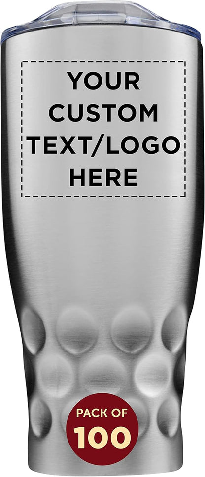 Custom Stainless Steel Tumblers by Molokini 27 oz. Set of 100, Personalized Bulk Pack - Double Wall, Perfect for Coffee, Soda, Other Hot & Cold Beverages - Silver