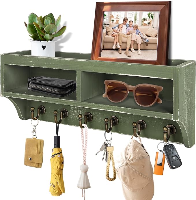 Key Holder Wall Mount - Mail Organizer Wall Mount with 6 Key Hooks and Storage Box for Sunglasses Storage and Dog Leash Holder Home Decor Rack Apartment Farmhouse Shelf Entryway Organizer (Green)