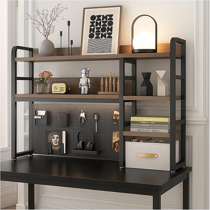 Desktop Bookshelf, pegboard Storage and Organization Rack, Dorm Desk Shelf, Desk Hutch, Desktop Storage for Office, Study, Student Display Rack,Desktop Shelves (Black+Walnut 45.3" Lx9.9 Wx37 H)