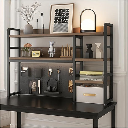 Desktop Bookshelf, pegboard Storage and Organization Rack, Dorm Desk Shelf, Desk Hutch, Desktop Storage for Office, Study, Student Display Rack,Desktop Shelves (Black+Walnut 45.3" Lx9.9 Wx37 H)
