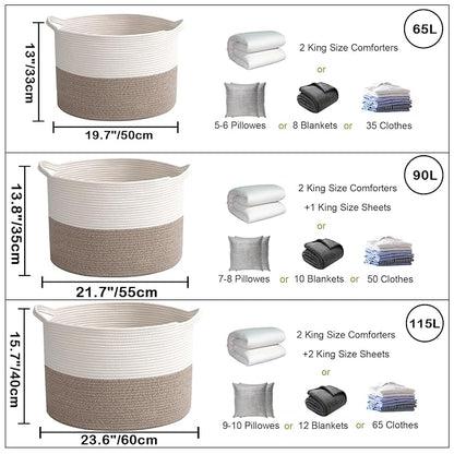 Large Woven Blanket Basket,65L Cotton Rope Laundry Basket Hamper with Handles, Decorative Nursery Basket Storage Bin for Toys, Clothes Organizer, Living Room, Bedroom, Bathroom, White & Brown