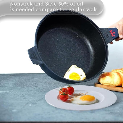 TIBORANG 8 in 1 Multipurpose 11 Inch 5 Quart Heat Indicator Nonstick Deep Frying Pan with Glass Lid, Stay-cool Handle, Steamed Grid, PFOA-Free,Dishwasher&Oven Safe,Works with All Stovetops(Navy Blue)