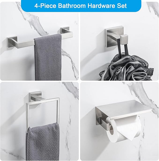 4-Pieces Bathroom Accessories Set, Towel Bar Towel Racks Towel Holder Toilet Paper Holder Stainless Steel Bathroom Hardware Set Wall Mounted Towel Racks for Bathroom, Brushed Nickel, 23 Inch