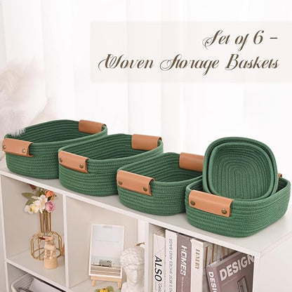 Storage Baskets for Organizing, Small Woven Basket Set of 6-4 Shelf Basket with Leather Handle and 2 Small Gift Baskets, Cotton Rope Basket for Shelves, Nursery, Dog Toy, Bathroom