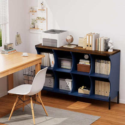 8 Cube Book Shelf, Low and Short Bookshelf, Long Cube Storage Organizer Wood TV Stand, Toy Organization DVD Cabinets for Living Room, Office, Bedroom, Dorm, Blue with Natural Top