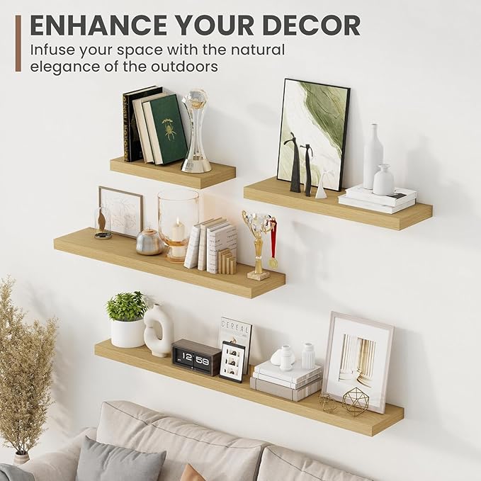 Acovy 48 Inch Floating Shelves, 8 Inch Deep Floating Shelves for Wall, Hanging Shelf with Invisible Brackets, Deep Shelves for Bathroom, Bedroom, Living Room, Oak, Set of 2