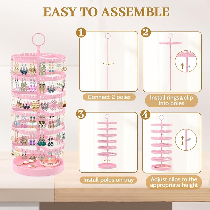 MODOWEY 6 Tier Rotating Earring Holder Organizer Display Tree with Metal Tray, Adjustable Plastic Stand with 342 Slots for Stud Hoop Hanger, Large Capacity Storage Rack for Women, Pink