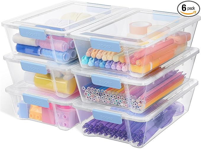 Sooez 6 Pack Pencil Boxes, New Extra Large Pencil Case, Stackable Crayon Pen Box, Clear Marker Organizer Craft Storage, Plastic Containers with Lids, Art Storage Box for School Supplies, Blue