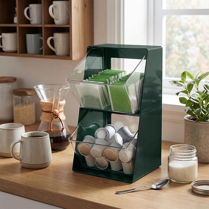 2 Pack Large Coffee Pod Holder, Coffee Station Counter Container Stackable Pantry Storage Organizer Bins, Creamer Suger Plastic Accessories Organizer for Office Home Kitchen Supplies(Green)