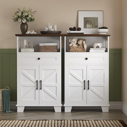 Farmhouse Bathroom Storage Cabinet with Drawer & Adjustable Shelves, White 23.6" Wide Freestanding Floor Cabinet, Barn Door, Sturdy Wood, for Kitchen, Entryway (23.6 * 11.8 * 39.3" (Floor))