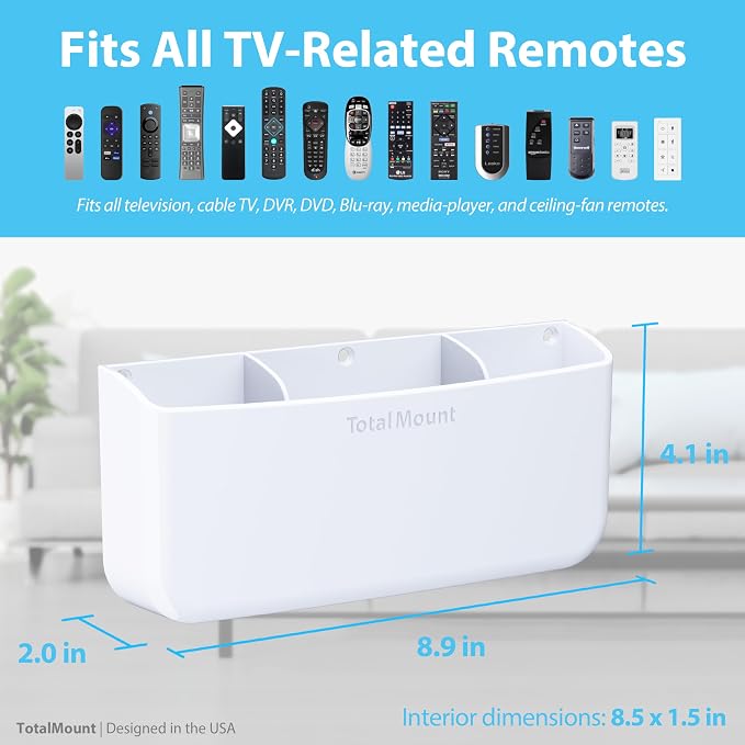 TotalMount Hole-Free Remote Holder – Eliminates Need to Drill Holes in Your Wall (Premium White Holder for 3 or 4 Remotes)
