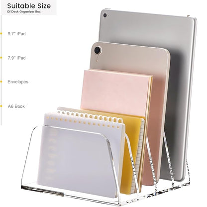 YUXUN Acrylic File Sorter,6.9"x6.6"x3.74",4 Sections Vertical Desk Organizer,Clear Mail Organizer File Holder Stand Rack Desk Accessories for Mail,Envelope,Letter,Notebook for Home/Office/Classroom