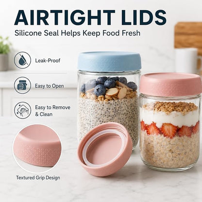 6 Pack Overnight Oats Containers with Screw Lid (3 × 10 oz, 3 × 16.7 oz) 2026 Upgraded High Borosilicate Glass Containers for Snacks Yogurt Spice Sugar, Wide Mouth Mason Salad Jars
