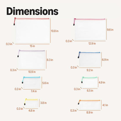 Amazon Basics 30-Pack Mesh Zipper Pouch Bags, 8 Sizes Waterproof Storage Organizers with Zipper, Multipurpose Clear Travel Document Bags for Office Home School Organization (8 Assorted Colors)