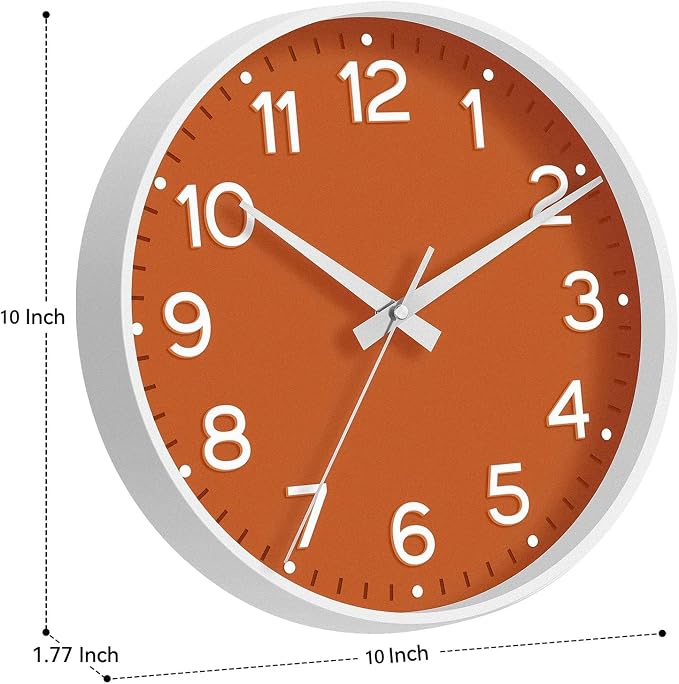 Roymnie Wall Clock 10 Inch Silent Wall Clocks Battery Operated-Modern Non Ticking Analog Clock Decorative for Kitchen Bedroom Office Bathroom(Orange)