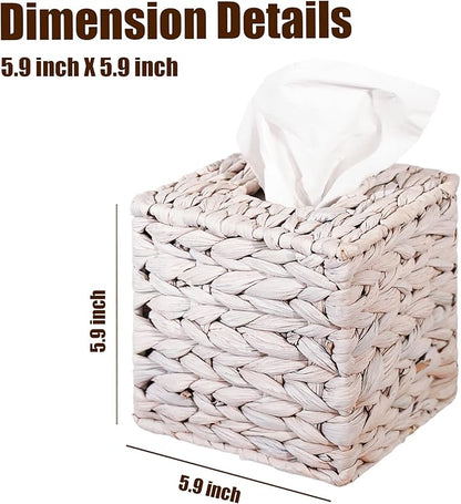 Water Hyacinth Handwoven Tissue Box Cover, Natural Handmade Wicker Napkin Box Holder, Handcrafted Square Facial Tissue, Rustic Decorative on Table and Bathroom, Office, Boho Decorative, Whitewash