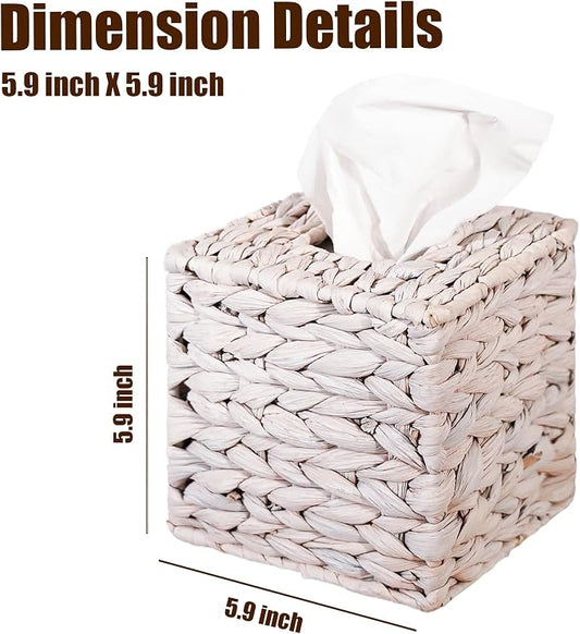 Water Hyacinth Handwoven Tissue Box Cover, Natural Handmade Wicker Napkin Box Holder, Handcrafted Square Facial Tissue, Rustic Decorative on Table and Bathroom, Office, Boho Decorative, Whitewash