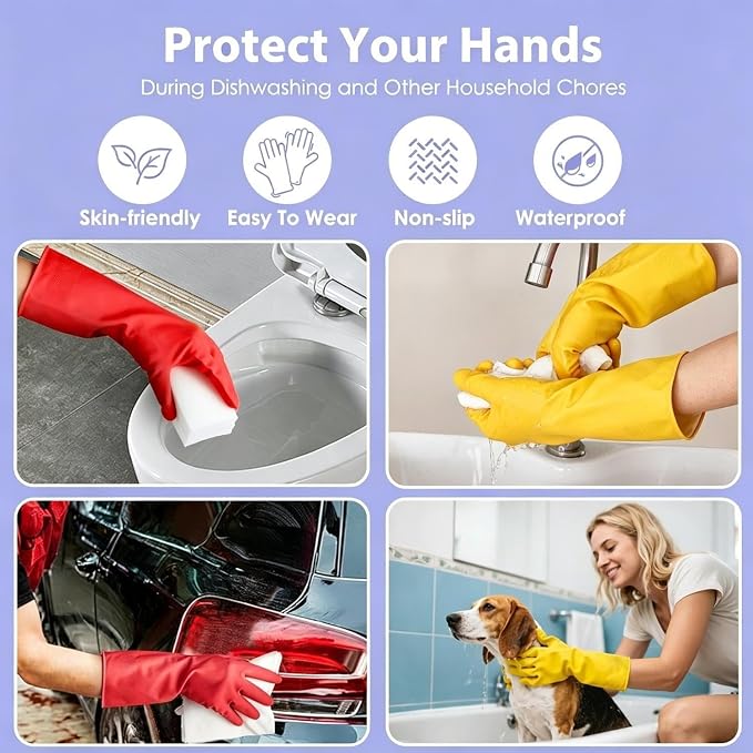 Rubber Kitchen Dishwashing Gloves - 4 Pairs Colorful Reusable Cleaning Gloves for Kitchen Washing Dishes and Household Cleaning(Small, Yellow+Red)