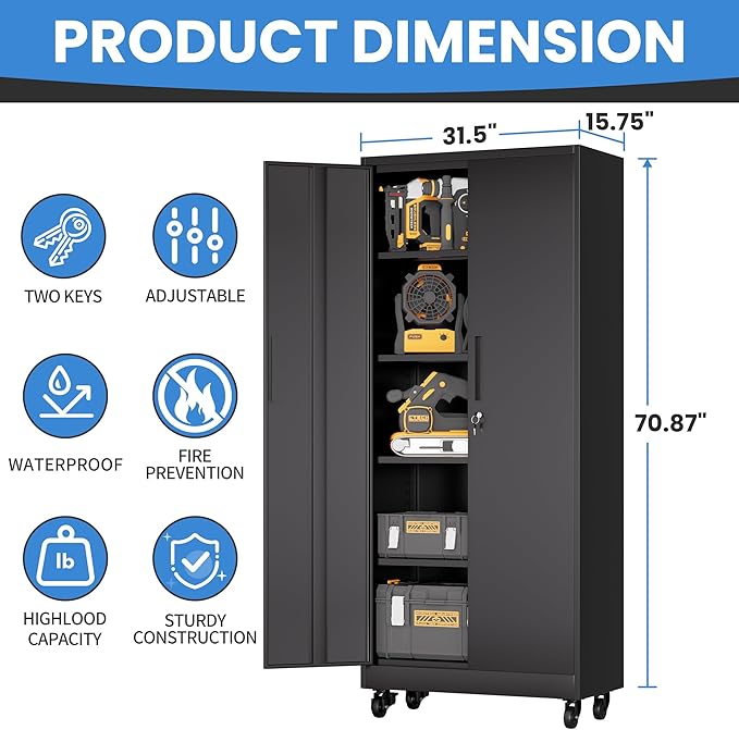 Garage Metal Storage Cabinet with Lock, 71'' Tall Storage Cabinet with Adjustable Shelves and Doors, Rolling Tool Cabinet on Wheels for Garage, Utility Room