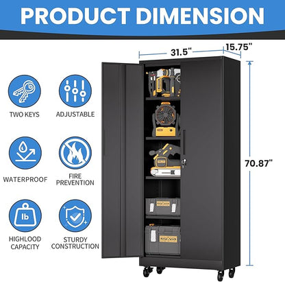 Garage Metal Storage Cabinet with Lock, 71'' Tall Storage Cabinet with Adjustable Shelves and Doors, Rolling Tool Cabinet on Wheels for Garage, Utility Room