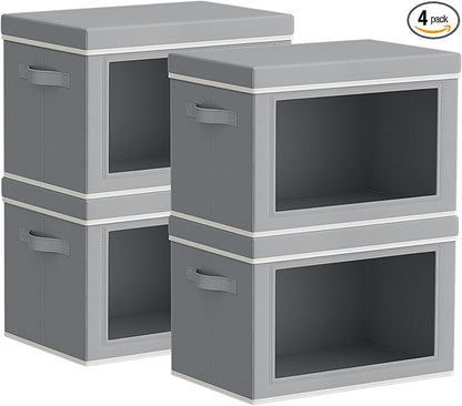 Homsorout Storage Bins with Lids - Small Fabric Organizers with Window, Collapsible Storage Bins for Clothes, Decorative Closet Organizers for Towels, Tshirt, 4 Pack, Grey
