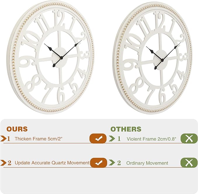 RiteSune Farmhouse Wall Clock 30 Inch, Large Wall Clock with Boho Beads, Wooden Silent Wall Clocks Battery Operated Easy Read, Clocks for Wall Decor