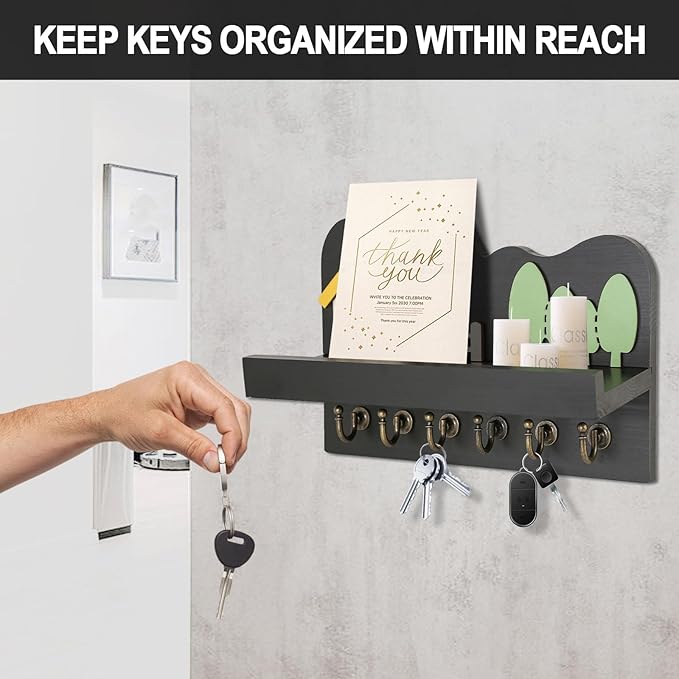 Cute Key Holder, Decorative Key Holder for Wall, Little House Design Key and Mail Holder for Bags, Umbrella, Mail, Wallet and Dog Leash - Farmhouse Key Hooks Wall Mount for Entryway