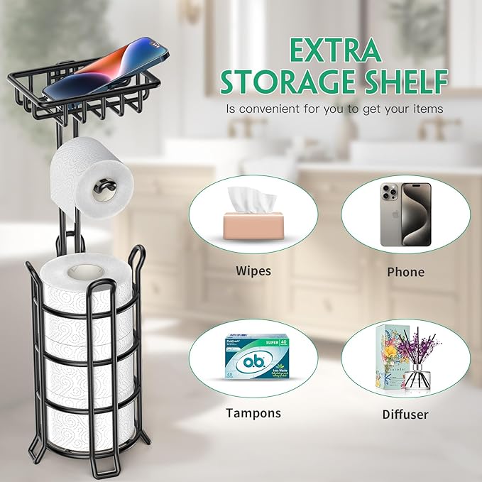 TomCare Toilet Paper Holder Stand with Shelf Free Standing Toilet Paper Roll Holder with Toilet Paper Dispenser Sturdy Metal Tissue Holder Storage Shelf for Bathroom Black
