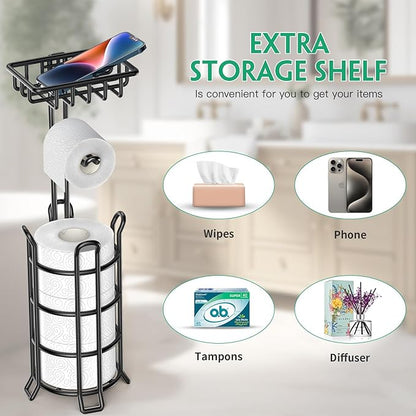 TomCare Toilet Paper Holder Stand with Shelf Free Standing Toilet Paper Roll Holder with Toilet Paper Dispenser Sturdy Metal Tissue Holder Storage Shelf for Bathroom Black