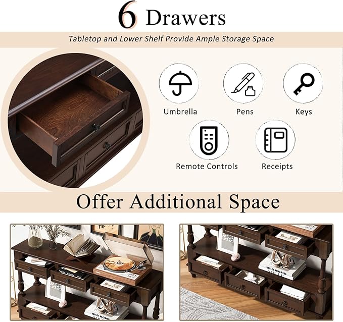 KEIKI 54”L Pine Solid Wood Entryway Console Table with 6 Storage Drawers, Vintage Behind Couch Sofa Table with 2 Tiers Open Shelf for Hallway, Entrance, Entry Way, Living Room, Foyer