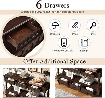 KEIKI 54”L Pine Solid Wood Entryway Console Table with 6 Storage Drawers, Vintage Behind Couch Sofa Table with 2 Tiers Open Shelf for Hallway, Entrance, Entry Way, Living Room, Foyer