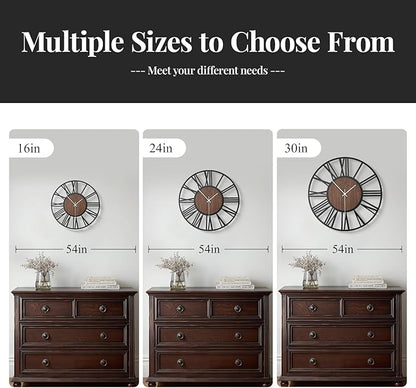 Wall Clock, Modern Clocks for Living Room Decor, 16 inch Wood Walnut Dial Decorative Wall Clock Battery Operated, Non Ticking Silent Black Metal Clock for Bedroom, Kitchen, Office-Roman Numerals