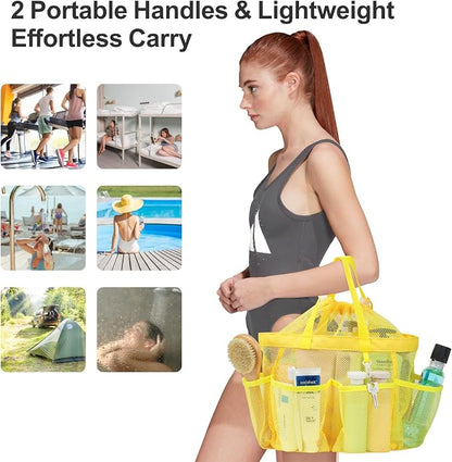 F-color Mesh Shower Caddy Portable with Drawstring - Large 8 Pockets Dorm Room Essentials for Guys Girls with S Hook, Shower Bag Basket Tote for College Camping Gym Travel Toiletry Bathroom, Yellow